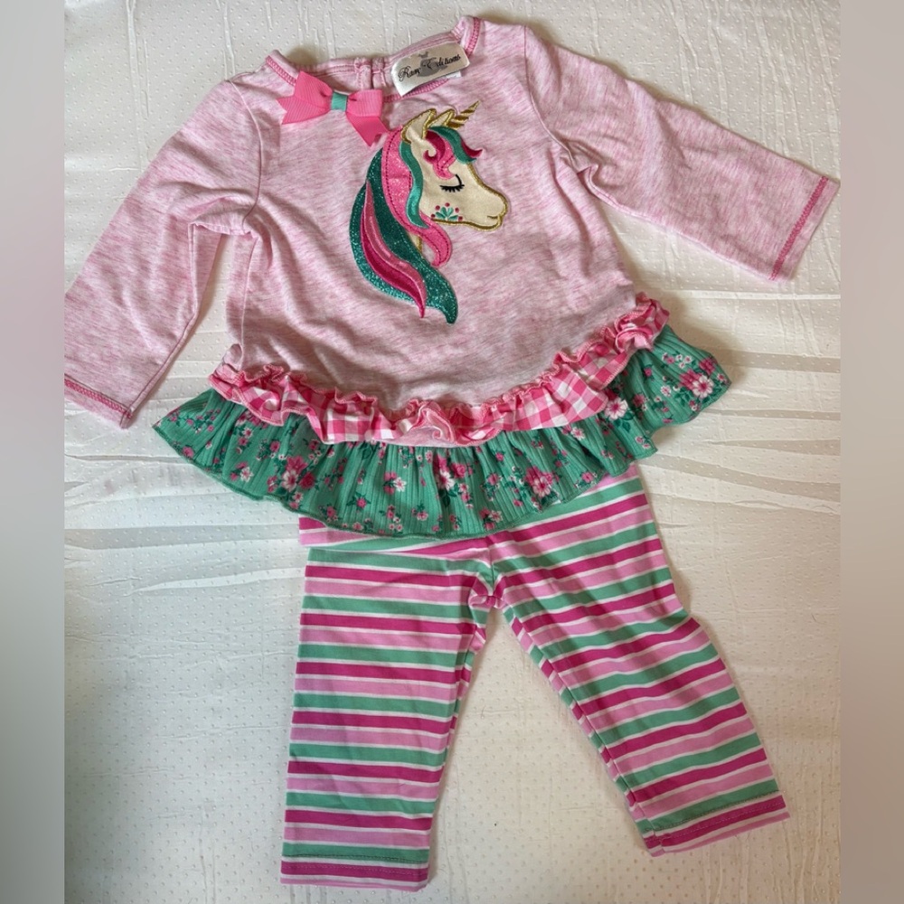 6/$20 Rare Editions Pink and Green Unicorn Outfit Size 6-9M